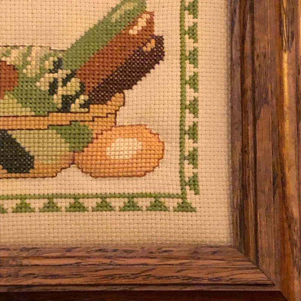 Framed Vintage  Cross-Stitch Nesting Hen with Eggs Rustic Farmhouse Whimsical - Picture 11 of 12